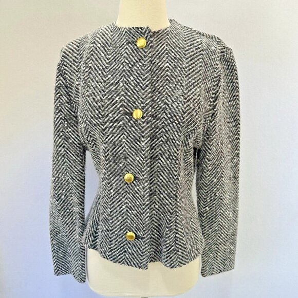 St. John by Marie Gray Herringbone Fitted Black and White Jacket Blazer Size 10 - Picture 1 of 7